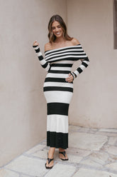 Banks Off Shoulder Knit Dress - Black Cream Stripe